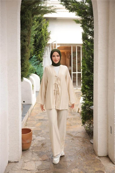 V Yaka Bağcıklı İkili Tesettür Eşofman Takımı - 71243.026 - Bej - Resim 2