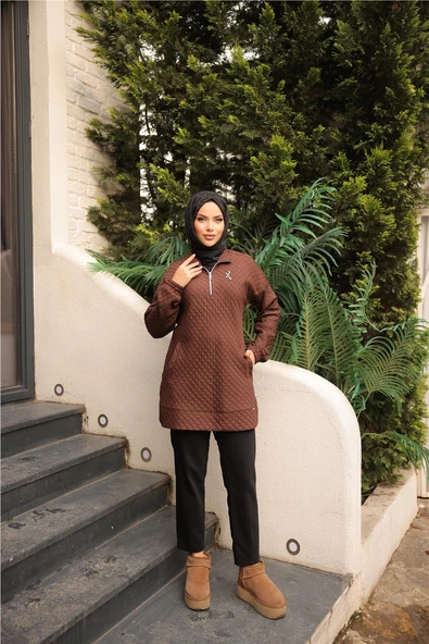 Kısa Fermuarlı Yaka Kapitone Şık Spor Sweat - 71227.028 - Kahverengi - 3