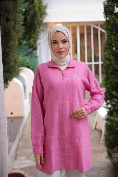 Yarım Fermuarlı Yaka Logo Baskılı Tunik - 71245.025 - Fuşya