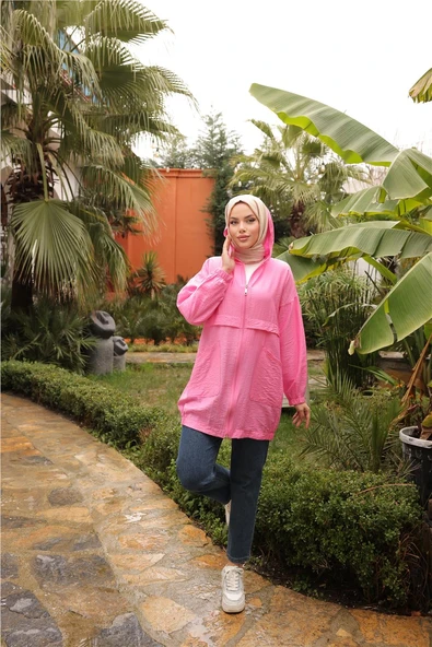 Fermuarlı Cepli Lastikli Kısa Şık Spor Kap - 71247.025 - Fuşya - 3