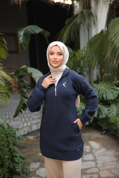 Kısa Fermuarlı Yaka Kapitone Şık Spor Sweat - 71227.015 - Lacivert ürün görseli