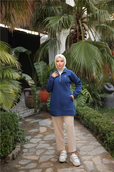 Kısa Fermuarlı Yaka Kapitone Şık Spor Sweat - 71227.006 - İndigo - 2