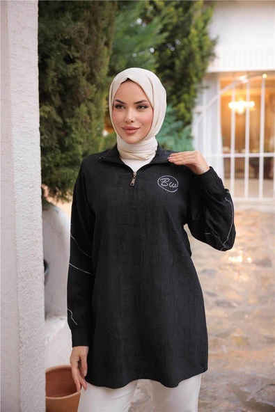 Yarım Fermuarlı Yaka Logo Baskılı Tunik - (38-46) - 71245 - Siyah