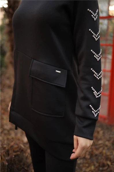 Taş Detaylı Tek Cepli O Yaka İkili Tesettür Eşofman Takımı - (38-46) - 71233 - Siyah - 6