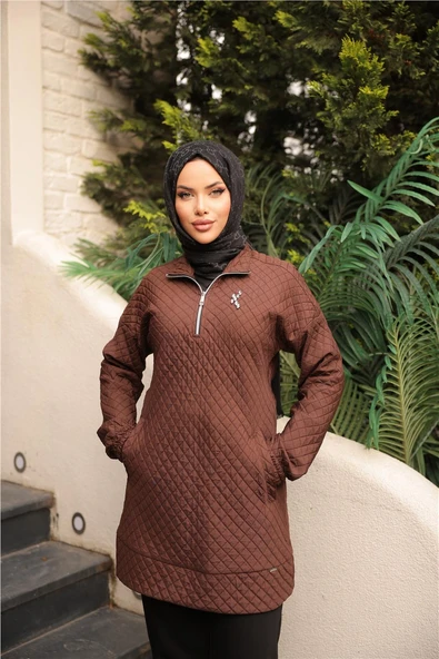 Kısa Fermuarlı Yaka Kapitone Şık Spor Sweat - 71227.028 - Kahverengi