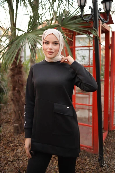 Taş Detaylı Tek Cepli O Yaka İkili Tesettür Eşofman Takımı - (38-46) - 71233 - Siyah - 4