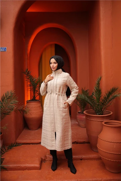 Fermuarlı Balıkçı Yaka Belden Bağcıklı Kapitone Şık Spor Kap - 71239.026 - Bej - 3