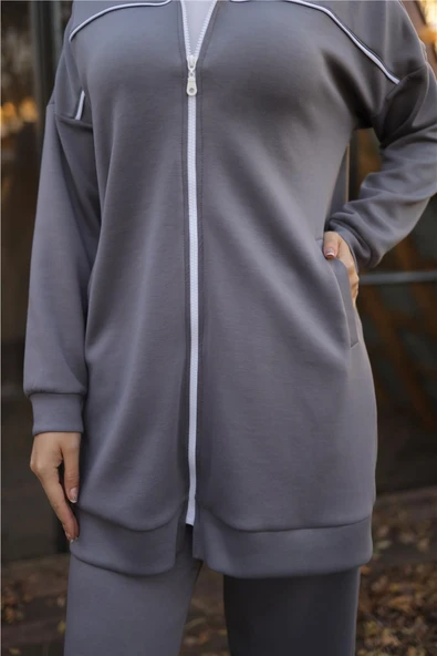 Fermuarlı Kısa Sade İkili Tesettür Eşofman Takımı - 71230.012 - Füme - Resim 6