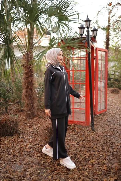 Fermuarlı Kısa Sade İkili Tesettür Eşofman Takımı - (38-46) - 71230 - Siyah - Resim 3