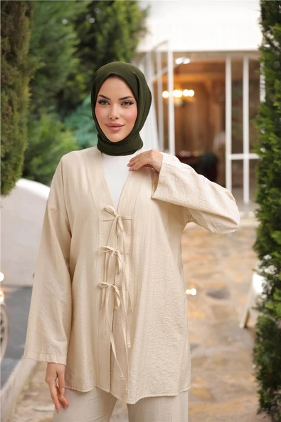 V Yaka Bağcıklı İkili Tesettür Eşofman Takımı - 71243.026 - Bej - Resim 5