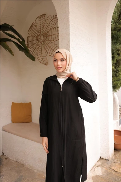 Fermuarlı Yandan Cepli Uzun Şık Spor Kap - 71246.003 - Siyah - 5
