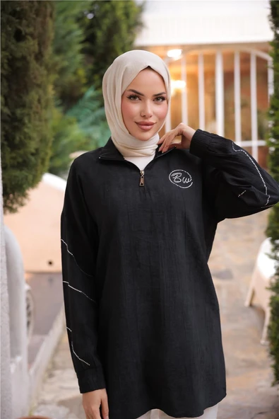 Yarım Fermuarlı Yaka Logo Baskılı Tunik - (38-46) - 71245 - Siyah - 5