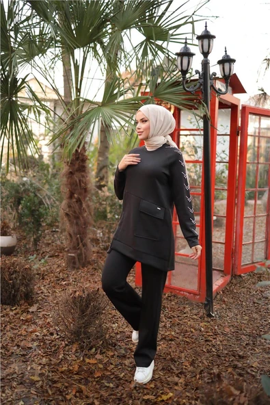 Taş Detaylı Tek Cepli O Yaka İkili Tesettür Eşofman Takımı - (38-46) - 71233 - Siyah - 3
