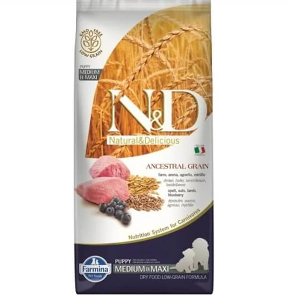 Düşük Tahıllı Kuzu Etli Ve Yaban Mersinli Orta Irk Yavru Köpek Maması 12kg