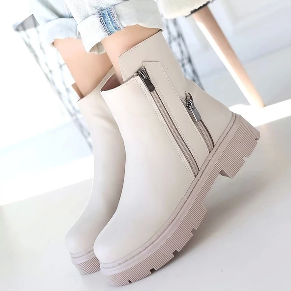 Menta Bej Cilt Fermuar Aksesuarlı Bot - Resim 4