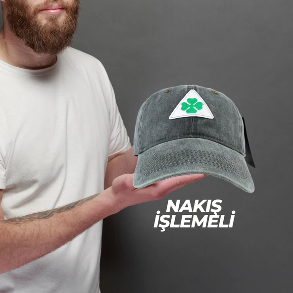 Perlotus Vintage Yıkamalı Pamuk Şapka Dört Yapraklı Yonca Nakışlı Yeşil - 5