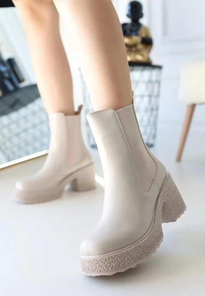 Paigo Bej Cilt Topuklu Bot - Resim 2