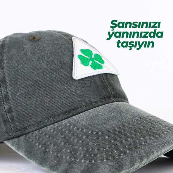 Perlotus Vintage Yıkamalı Pamuk Şapka Dört Yapraklı Yonca Nakışlı Yeşil - 9