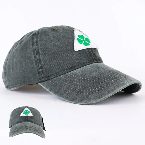 Perlotus Vintage Yıkamalı Pamuk Şapka Dört Yapraklı Yonca Nakışlı Yeşil