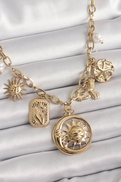 316L Çelik Gold Renk Halka Zincir Sallantı Ay Güneş Figür Kuş Detay Kadın Kolye - TJ-BKO9850 - 1
