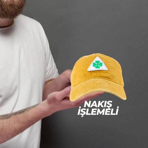 Perlotus Vintage Yıkamalı Pamuk Şapka Dört Yapraklı Yonca Nakışlı Sarı - 4