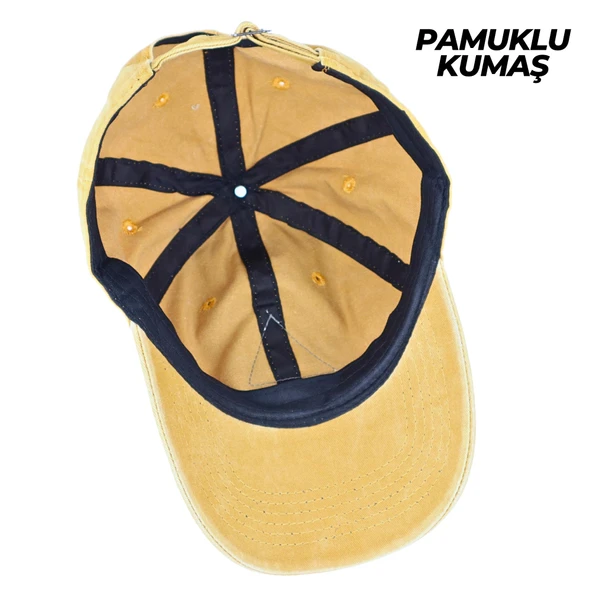 Perlotus Vintage Yıkamalı Pamuk Şapka Dört Yapraklı Yonca Nakışlı Sarı - 7