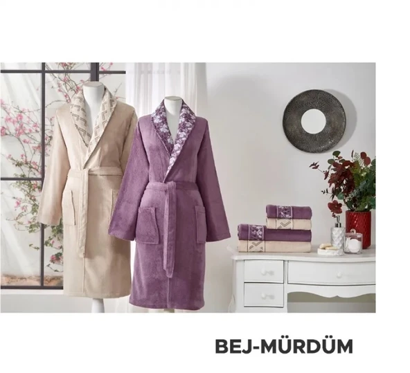 Özdilek %60 Bambu %40 Pamuk Aile Bornoz Seti-Fiore Line Bej Mürdüm - 2