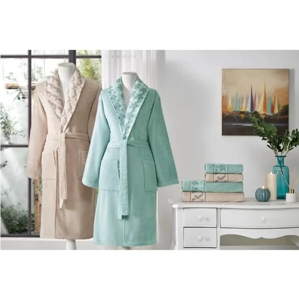 Özdilek %60 Bambu %40 Pamuk Aile Bornoz Seti-Fiore Line Bej Yeşil