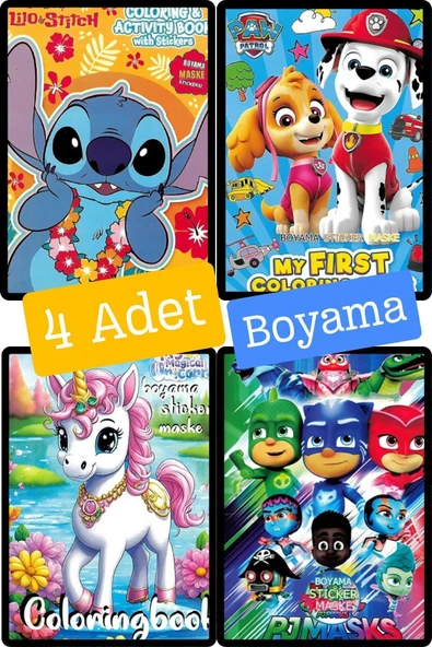 4'lü set PawPatrol Unicorn Pijamaskeliler Lilo boyama kitabı seti(boyama, sticker, arka kapak maske)