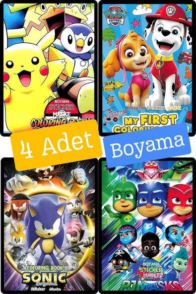 4'lü Paw Patrol Pokemon Sonic pijamaskeliler boyama kitabı seti(boyama, sticker, arka kapak maske)