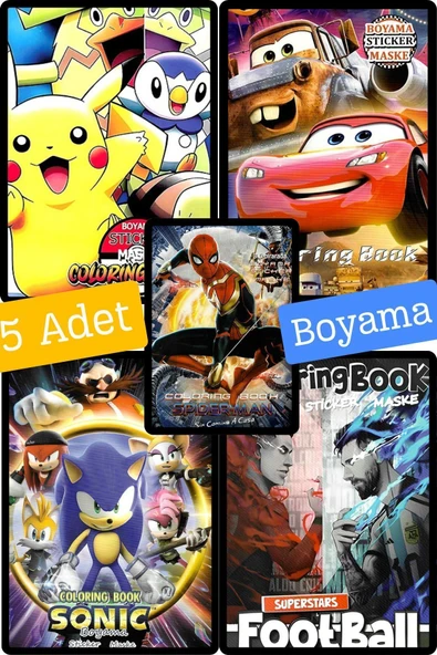 5'li Sonic Pokemon Arabalar Futbol Spiderman boyama kitabı seti(boyama, sticker, arka kapak maske)