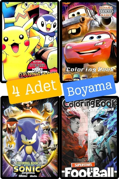 4'lü set Paw Patrol Pokemon Sonic Arabalar boyama kitabı seti(boyama, sticker, arka kapak maske)