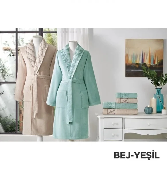 Özdilek %60 Bambu %40 Pamuk Aile Bornoz Seti-Fiore Line Bej Yeşil - 2