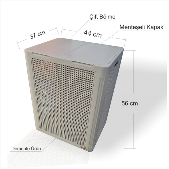 Büyük Sağlam Renkli Beyaz Çift Bölmeli Kapaklı Delikli Hava Alan Demonte Kirli Çamaşır Sepeti Kutusu - 3