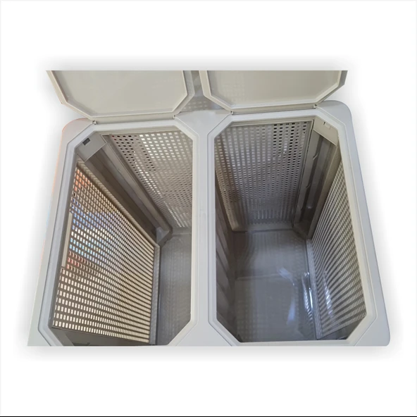 Büyük Sağlam Renkli Beyaz Çift Bölmeli Kapaklı Delikli Hava Alan Demonte Kirli Çamaşır Sepeti Kutusu - 2