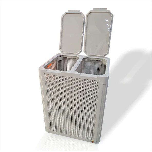 Büyük Sağlam Renkli Beyaz Çift Bölmeli Kapaklı Delikli Hava Alan Demonte Kirli Çamaşır Sepeti Kutusu - 4