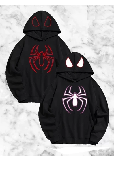 Örümcek Baskılı Sevgili Çift Kombini Kapüşonlu Sweatshirt & Hodie - Siyah