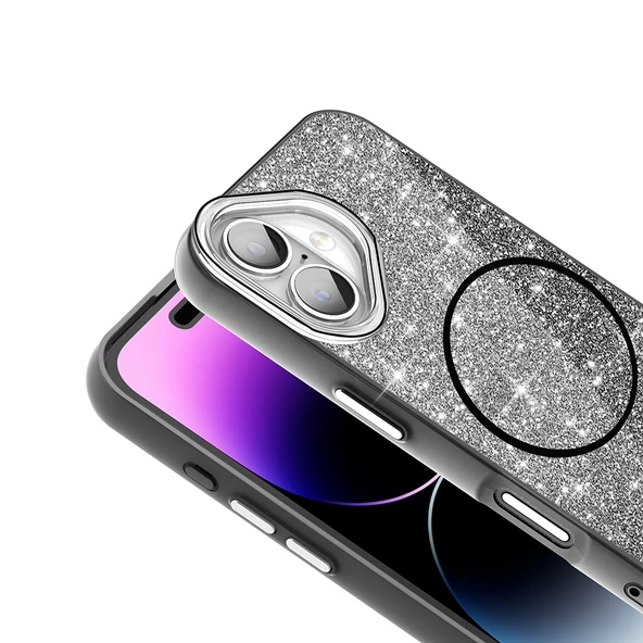 iPhone 16 Kılıf Magsafe Şarj Özellikli Parlayan Simli Okso Kapak - 12