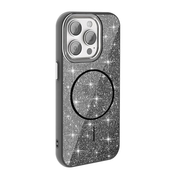 iPhone 15 Pro Kılıf Magsafe Şarj Özellikli Parlayan Simli Okso Kapak - 11