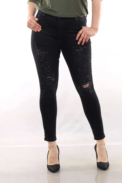 Kadın Taş İşlemeli Kot Pantolon Siyah 49122 - 2
