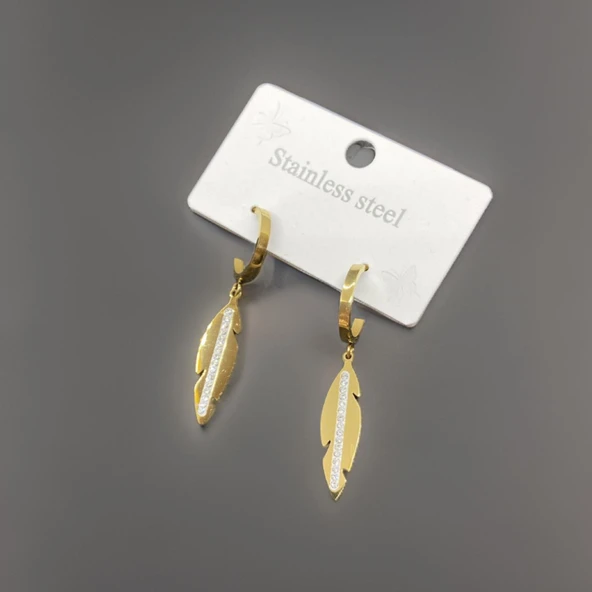 Gold Renk Antialerjik 316L Paslanmaz Çelik Tüy Şeklinde Küpe Seti Şık ve Zarif Tasarım ürün görseli 1