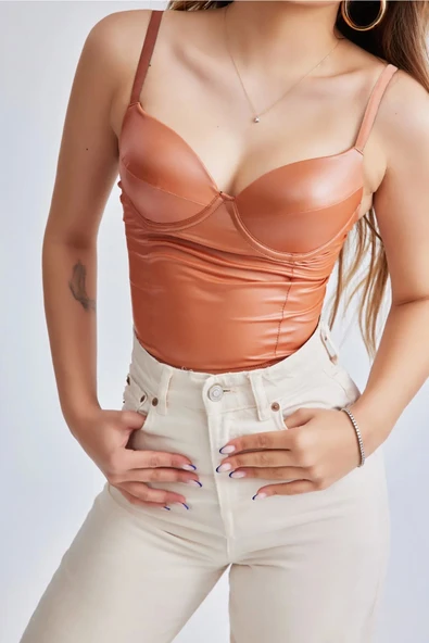 Deri Görünümlü Ekstra Soft Lycralı Crop Top Balenli Push Up Kaplı Büstiyer Bt0013-026 - 2
