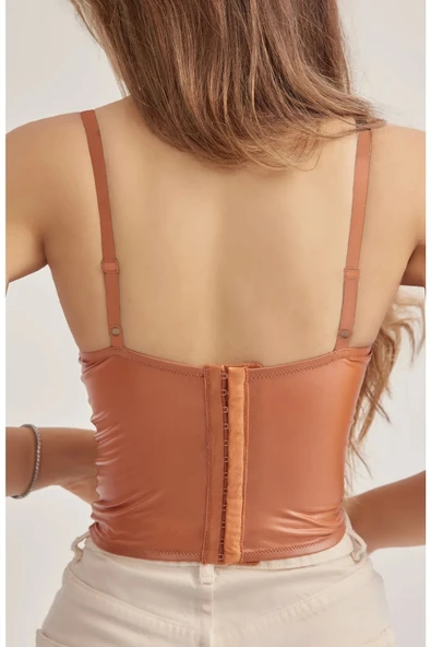 Deri Görünümlü Ekstra Soft Lycralı Crop Top Balenli Push Up Kaplı Büstiyer Bt0013-026 - 4