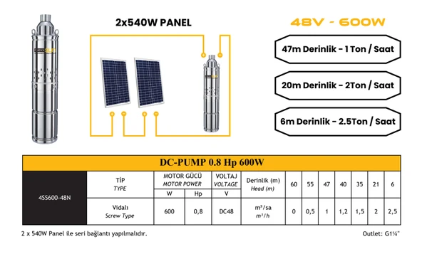 DC pompa 0,8Hp 600W (Screw Type) (4SS600-48N) - 3