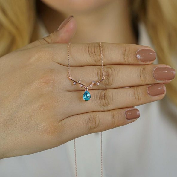 Yaprak Dalı Tasarımlı Mavi Damla Taşlı 925 Ayar Gümüş Kolye ROSE ürün görseli