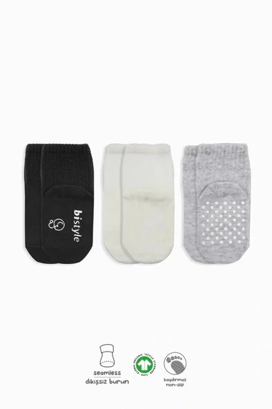 Nessiworld Bistyle Basic Kaymaz Penye Soket Çorap 3'Lü BS10106 Siyah Ekru Gri