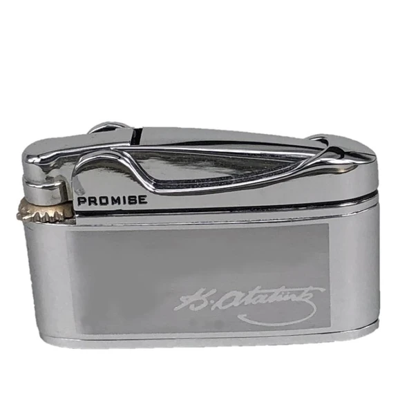 Atatürk İmzalı İbelo Tarz Gazlı Çakmak Gümüş Renk ürün görseli 1