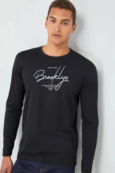 Erkek Uzun Kollu El Yazılı Brooklyn Baskılı Tshırt SPR25TS39 - 5
