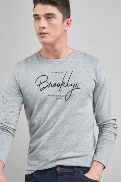Erkek Uzun Kollu El Yazılı Brooklyn Baskılı Tshırt SPR25TS39 - 11