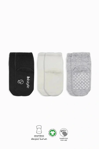 Nessiworld Bistyle Basic Kaymaz Penye Soket Çorap 3'Lü BS10107 Siyah Ekru Gri